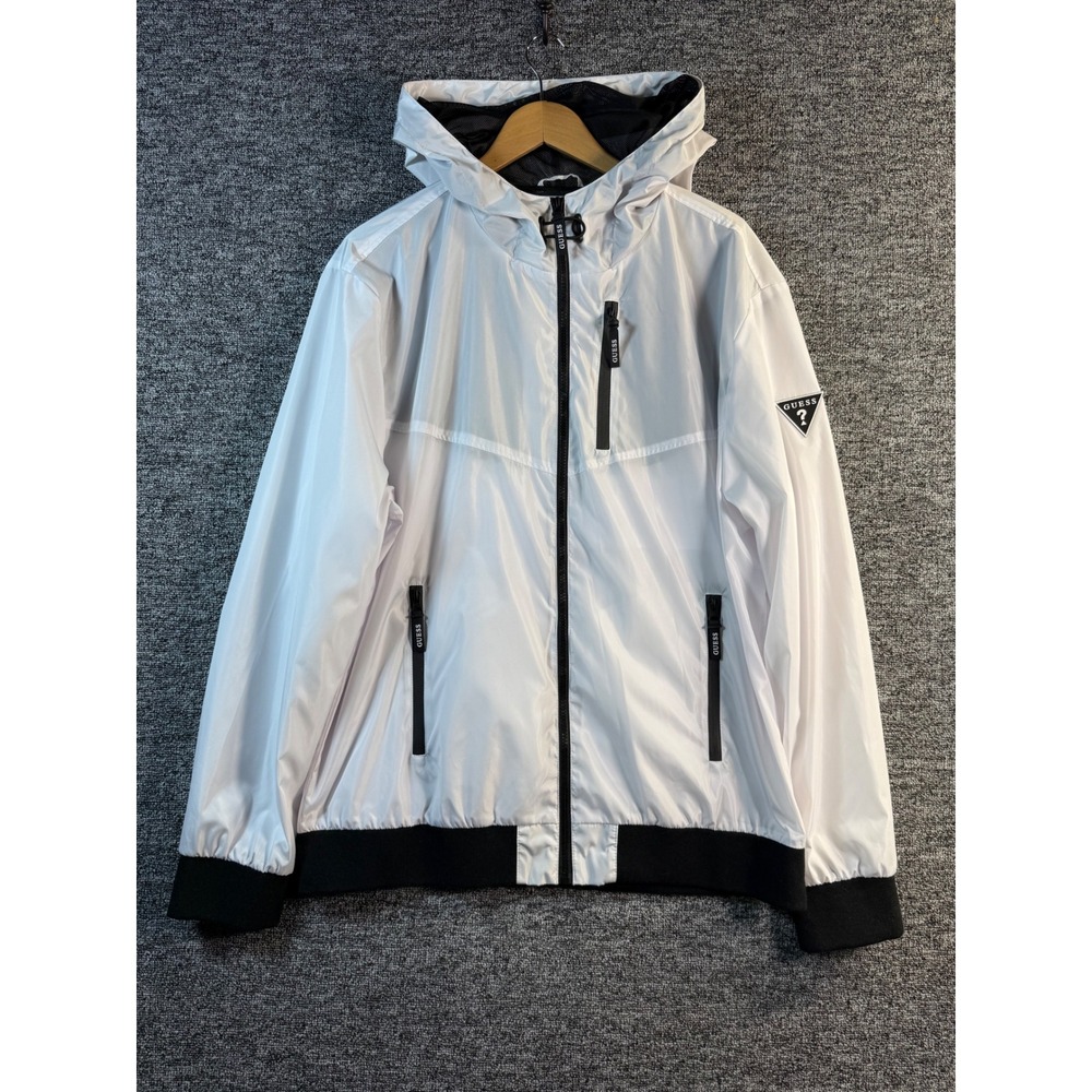 Guess Los Angeles Mens XL White Hooded Windbreaker Jacket‎ Mesh Lined X2VL06